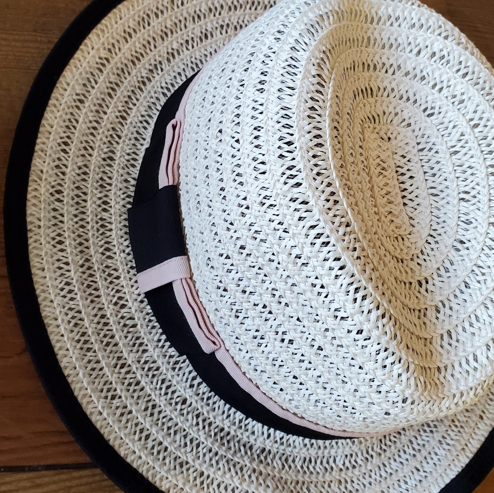 Halogen White Straw Sun Hat with Black Brim and Pink Trim